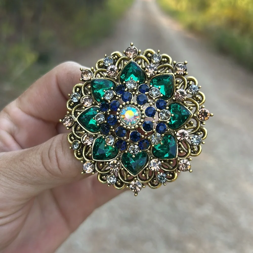 Aurora Borealis Gold, Blue and Green Statement Glass Rhinestone Brooch